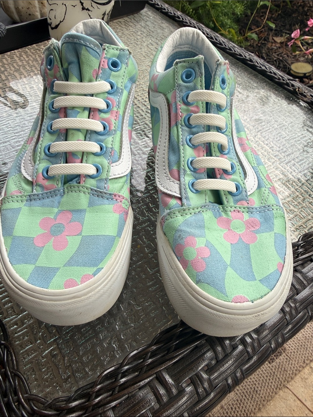 Vans Kids Low-Top Checkerboard Sneakers - Green, Blue & Pink